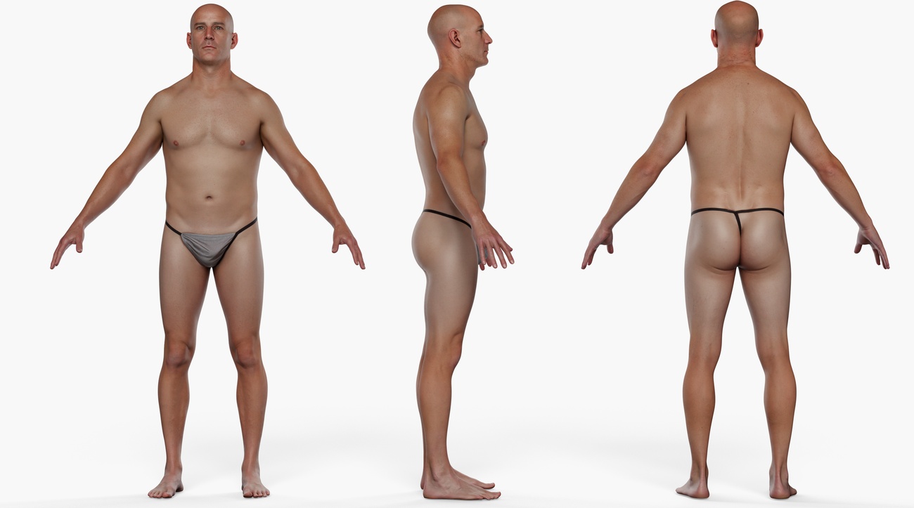 Full body 3D scan of a broad-shouldered athletic male with smooth skin, retopologised quad mesh render